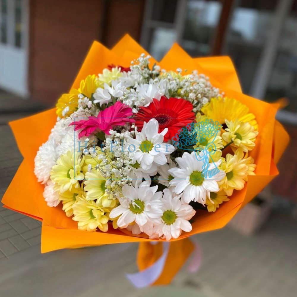 Букет цветов Летний Карнавал Букет цветов из: Хризантемы, Герберы и Гипсофила